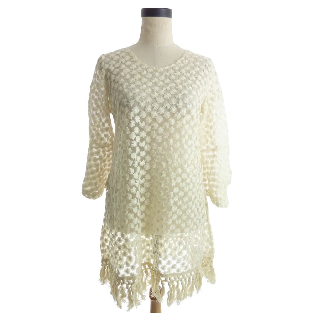 Vintage Cream Lace Mini Dress Womens Small 70s Crochet Fringe Trim Short Sleeve